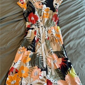 LOFT Tropical Floral Button-Front Midi Dress in Black, Red, Yellow, Pink, Green